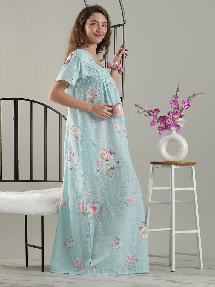 Aqua floral cotton nightdress for women with chikankari lace yoke.
