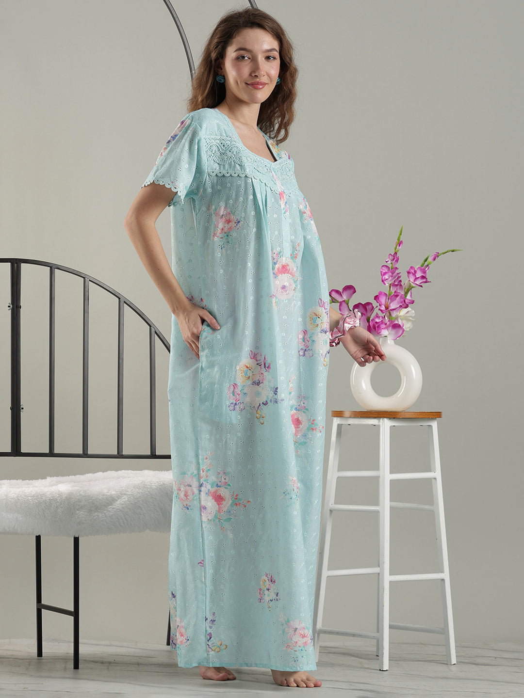 Aqua floral cotton nightdress for women with chikankari lace yoke.