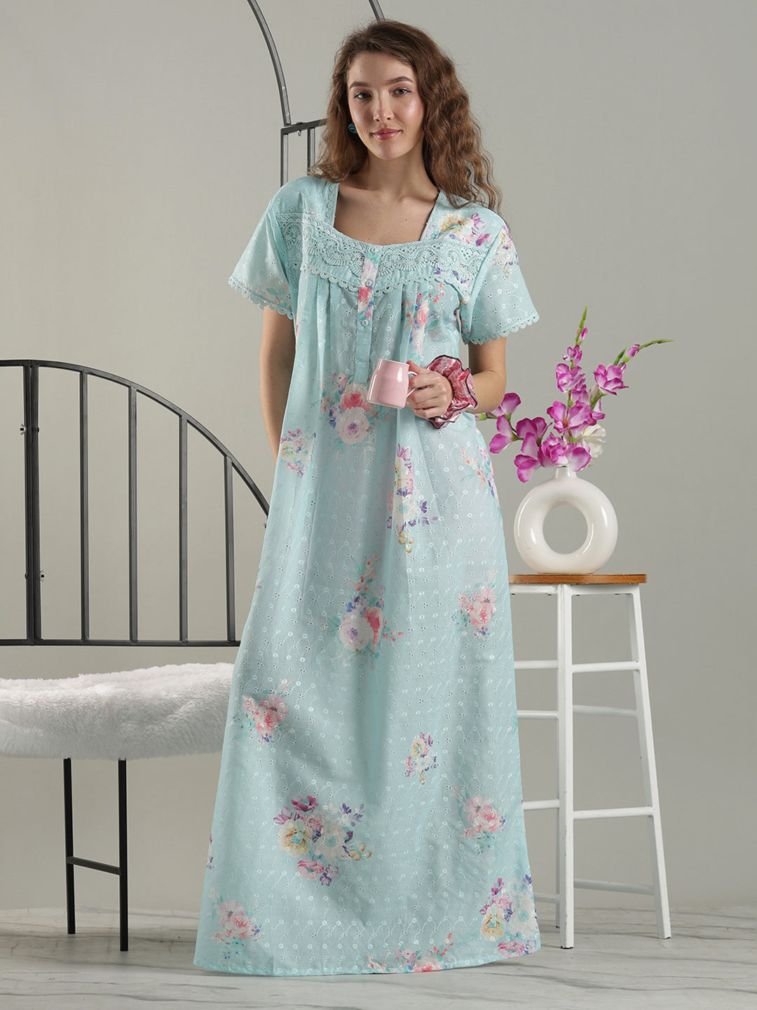 Aqua floral cotton nightdress for women with chikankari lace yoke.