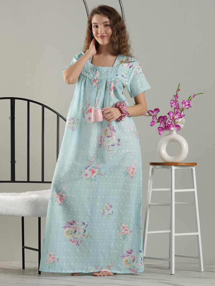 Aqua floral cotton nightdress for women with chikankari lace yoke.