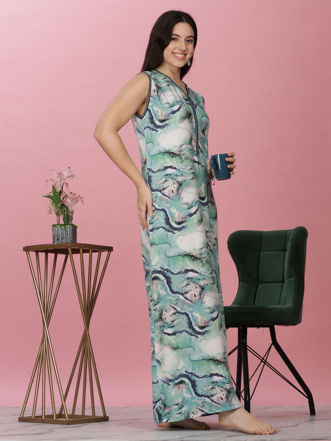 Aqua Marble Print Sleeveless Rayon Nighty for Women