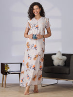Rayon Floral A Line Ash Grey Nighty with Lace Detail and Pocket