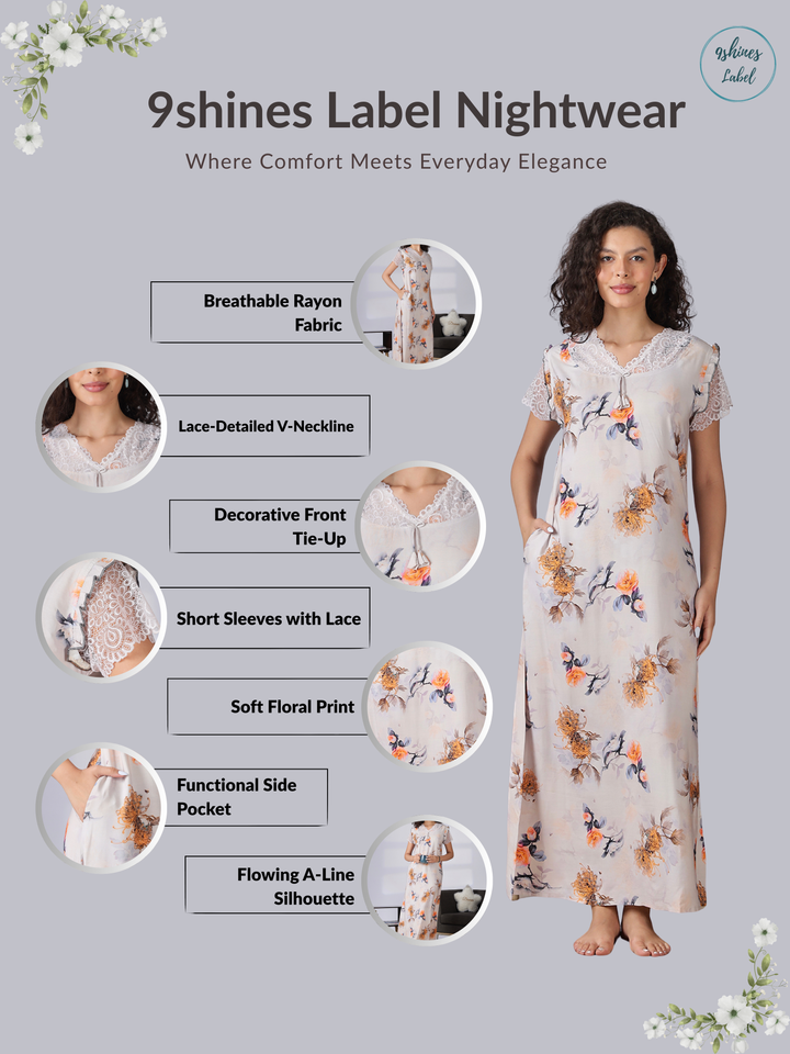 Rayon floral premium quality ash grey nighty for women
