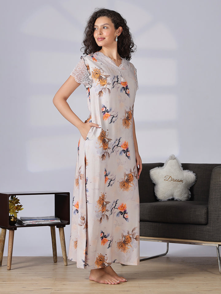 Rayon floral premium quality ash grey nighty for women