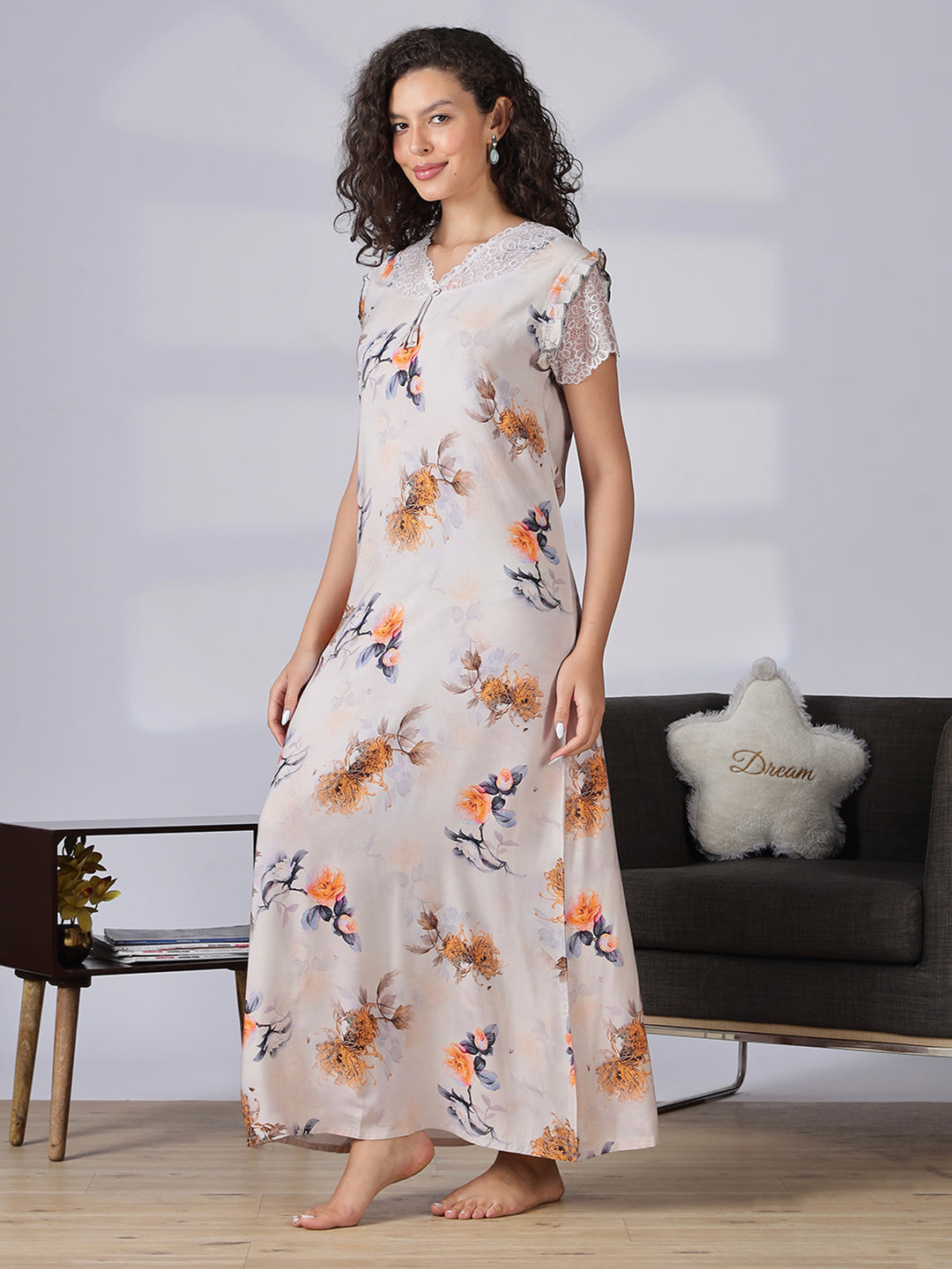 Rayon floral premium quality ash grey nighty for women