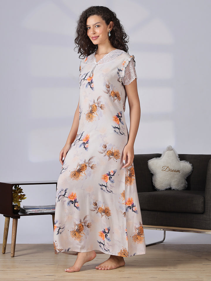 Rayon floral premium quality ash grey nighty for women