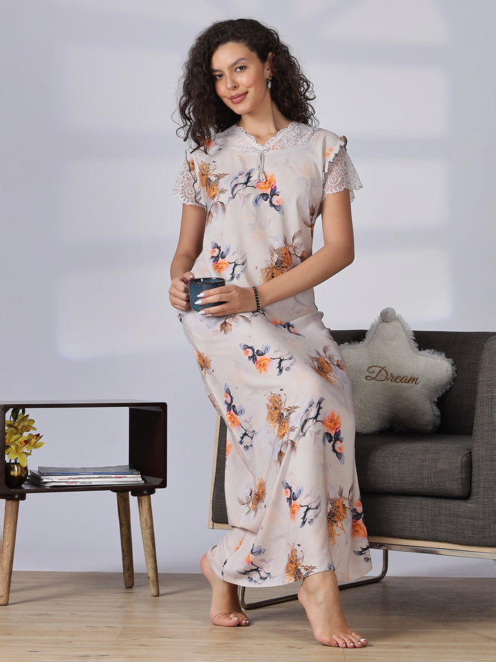 Rayon floral premium quality ash grey nighty for women