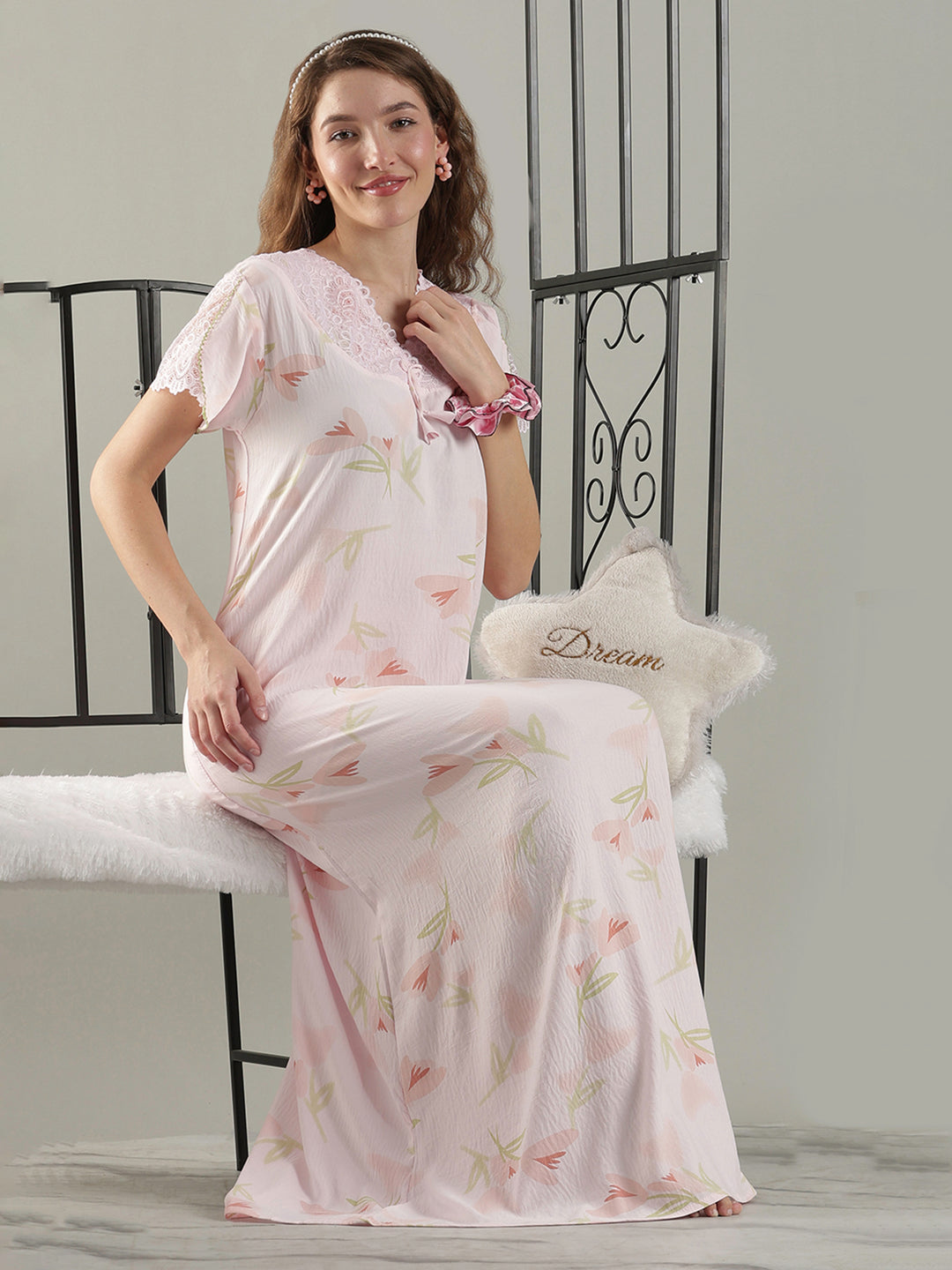 Soft Floral Pink Premium Bamboo Cotton Cozy Nighty Dress