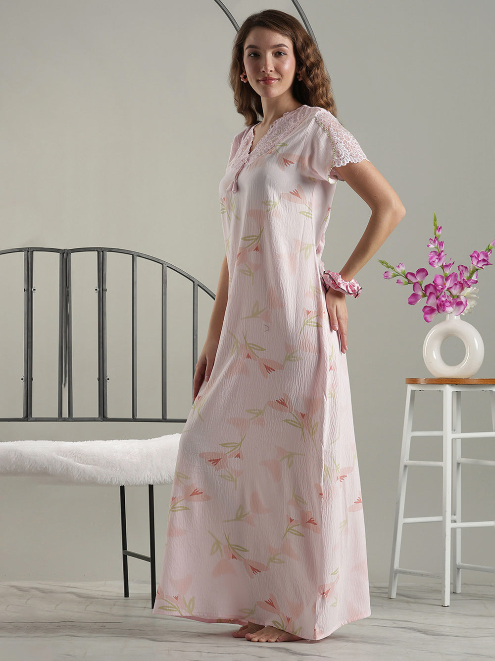 Soft Floral Pink Premium Bamboo Cotton Cozy Nighty Dress