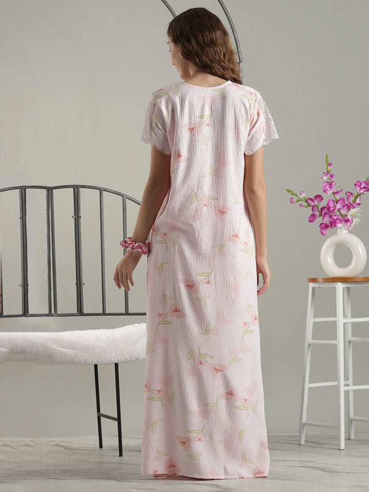 Soft Floral Pink Premium Bamboo Cotton Cozy Nighty Dress