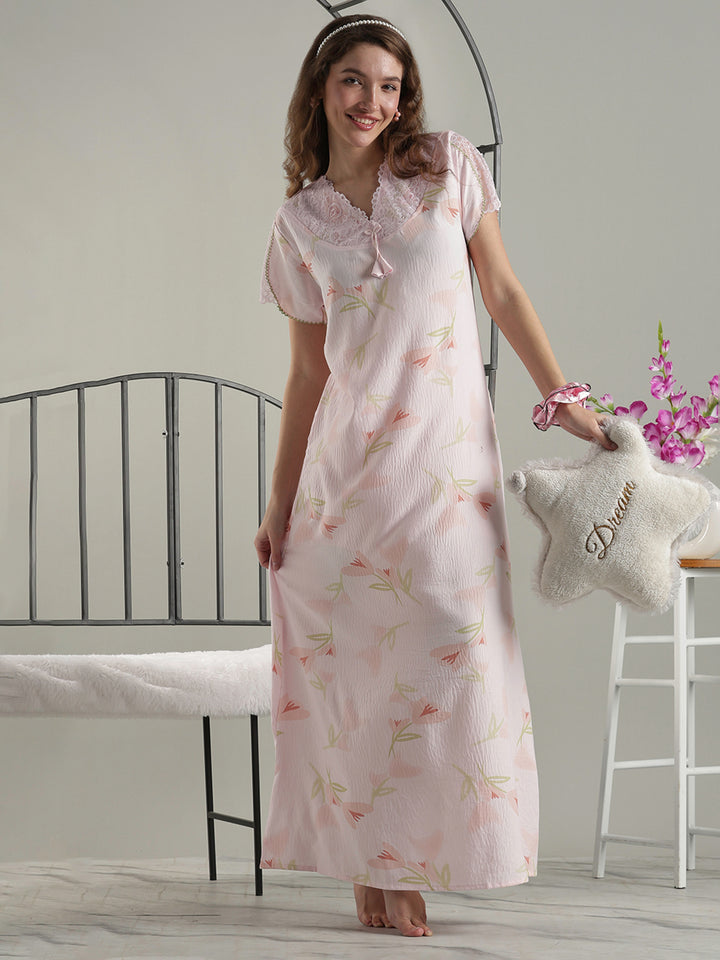 Soft Floral Pink Premium Bamboo Cotton Cozy Nighty Dress