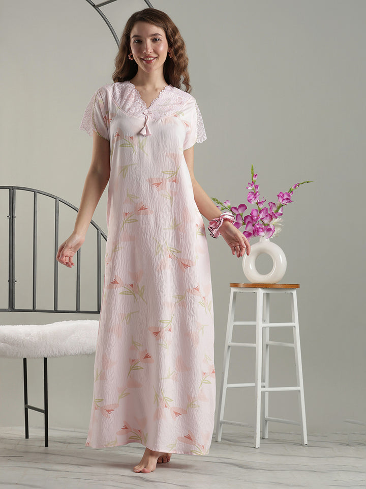 Soft Floral Pink Premium Bamboo Cotton Cozy Nighty Dress