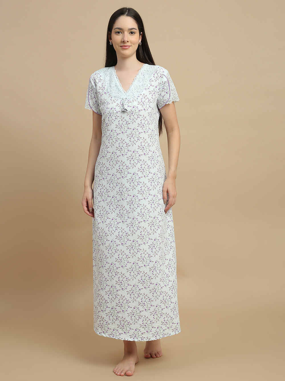 Floral green nighty dress for women in bamboo fabric