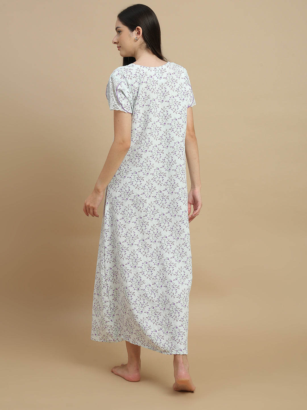 Floral green nighty dress for women in bamboo fabric