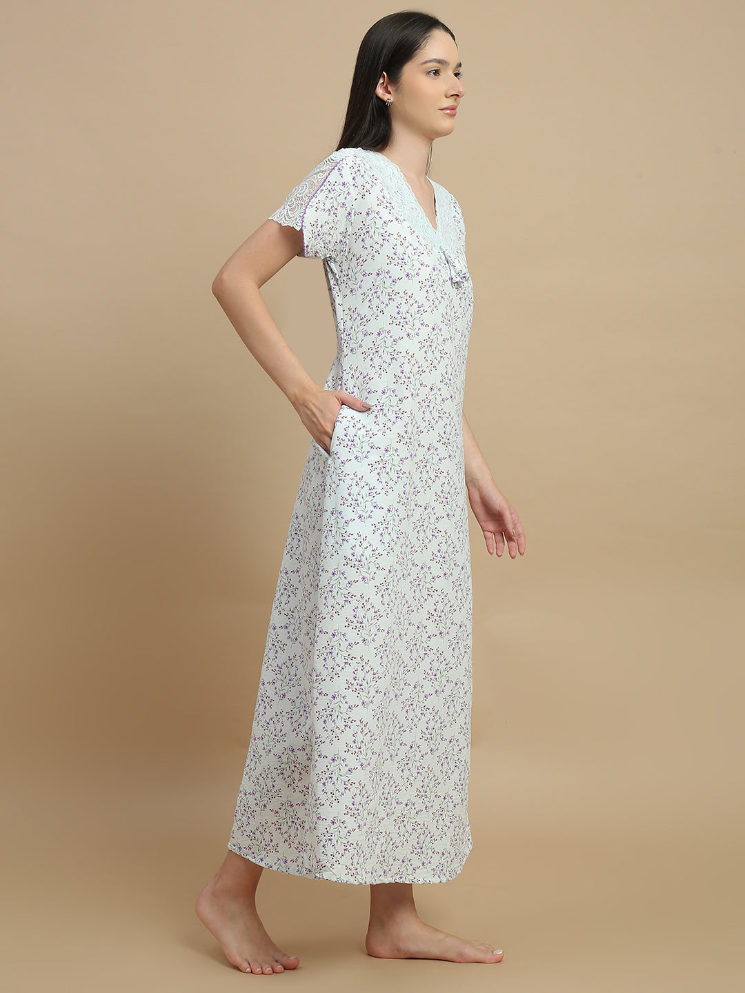 Floral green nighty dress for women in bamboo fabric