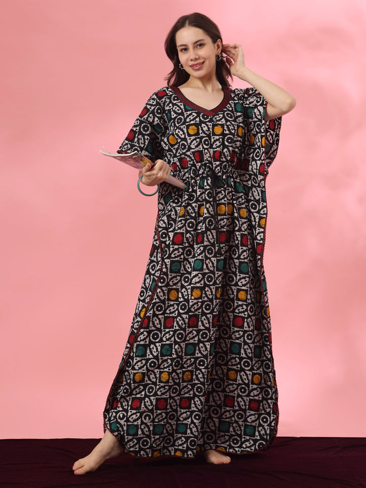 Cotton kaftan nighty dress with handcrafted batik design