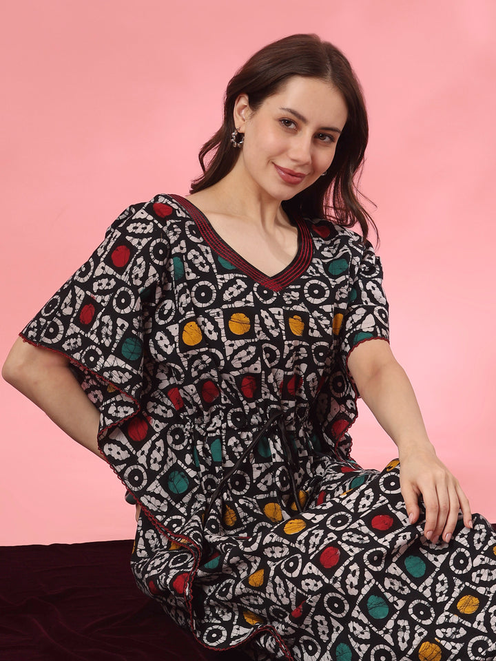 Cotton kaftan nighty dress with handcrafted batik design