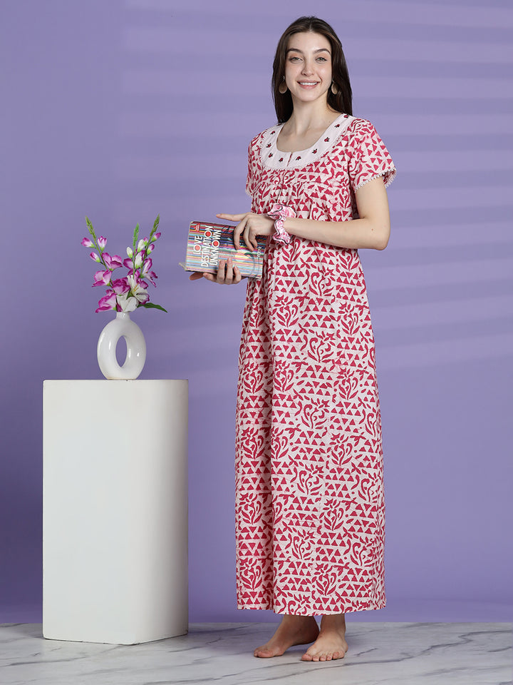 Pure cotton batik print night dress for women In white pink