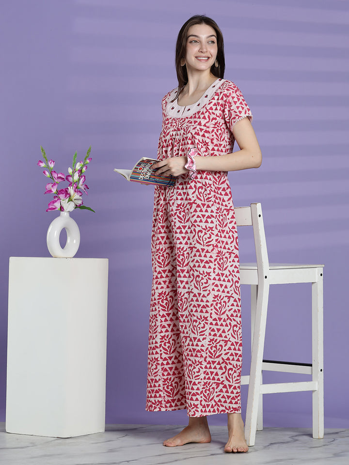 Pure cotton batik print night dress for women In white pink