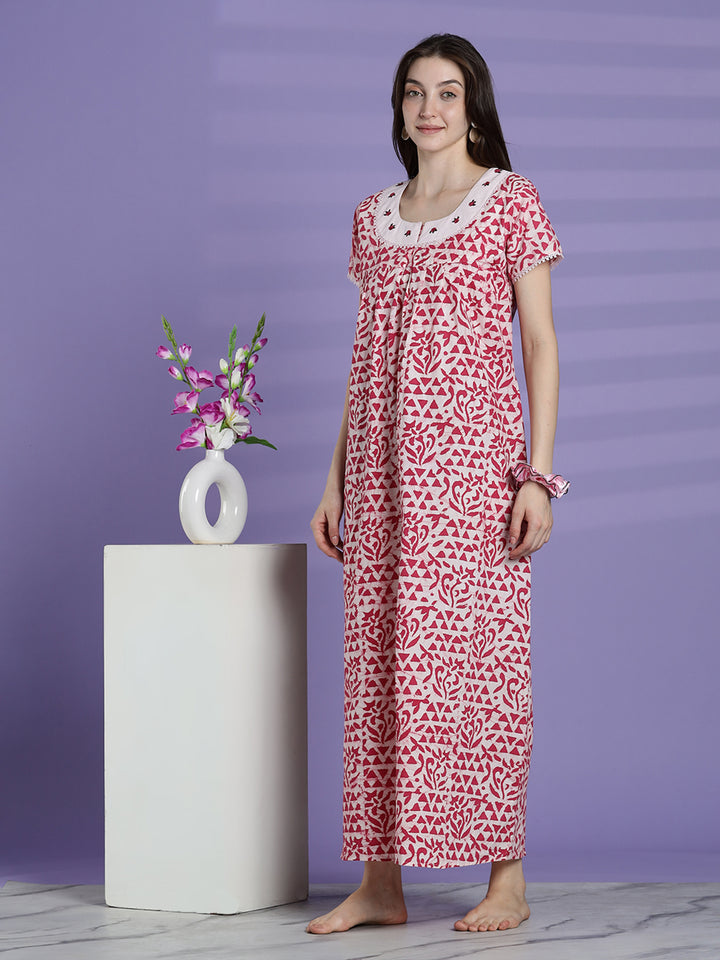 Pure cotton batik print night dress for women In white pink