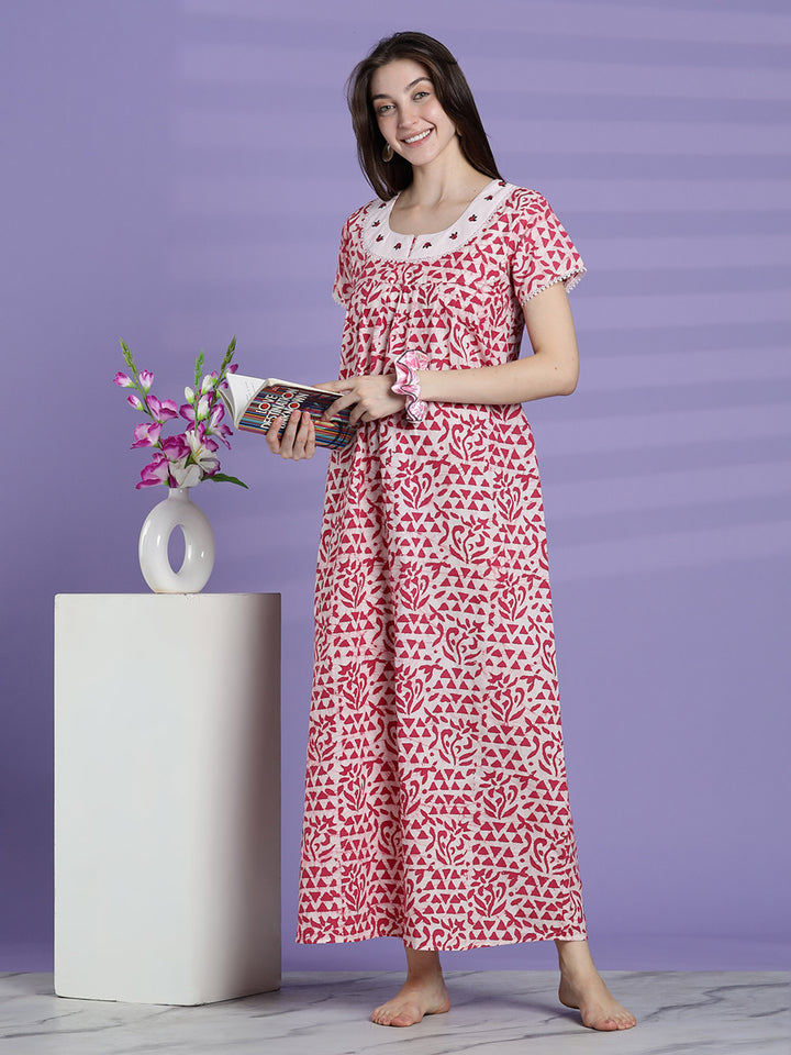 Pure cotton batik print night dress for women In white pink