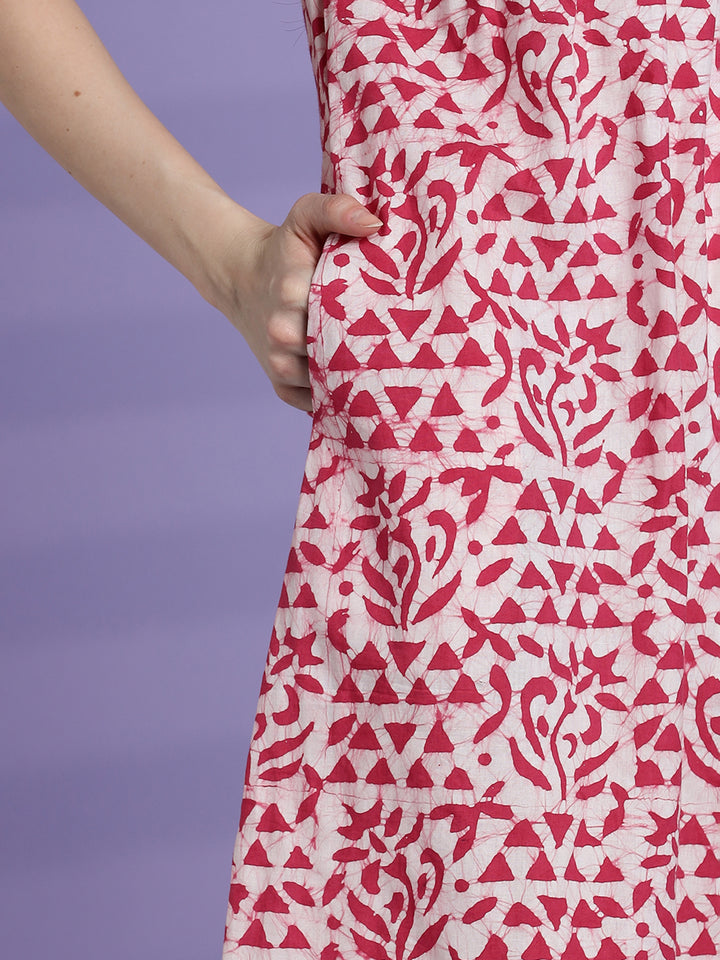 Pure cotton batik print night dress for women In white pink