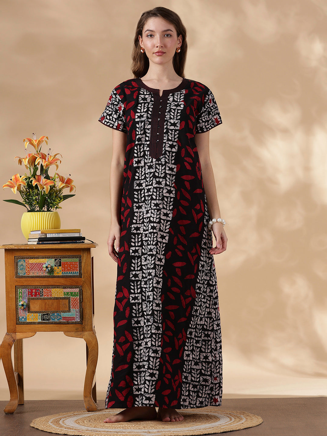 Black Batik Comfortable Pure Cotton Nighty for Women