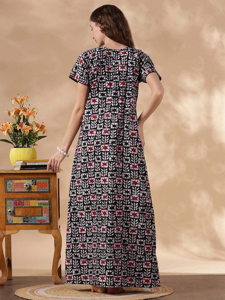 Black Batik Comfortable Pure Cotton Nighty for Women
