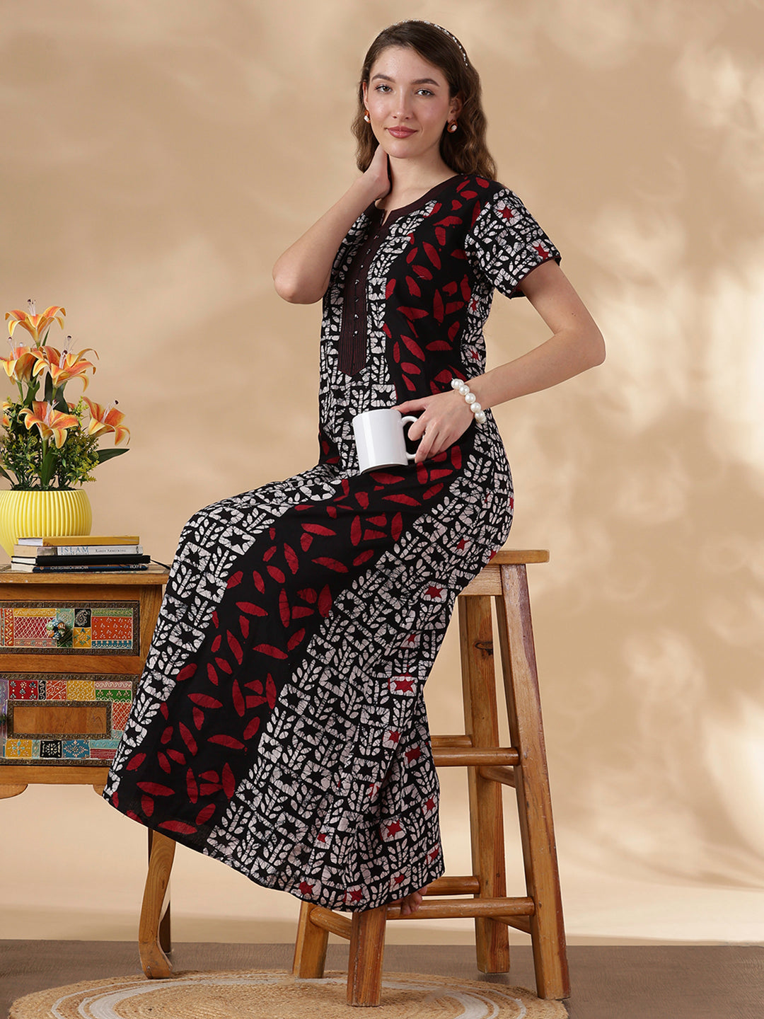 Black Batik Print Pure Cotton Nighty for Women
