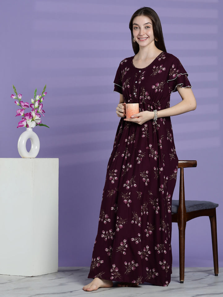 Elegant fit berry wine floral alpine nighty for women