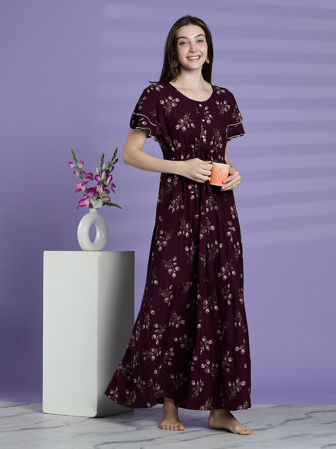 Elegant fit berry wine floral alpine nighty for women