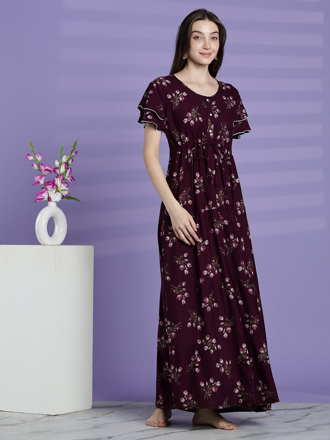 Elegant fit berry wine floral alpine nighty for women
