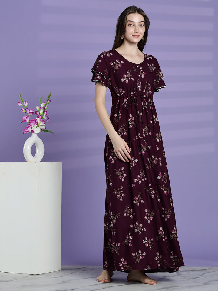Elegant fit berry wine floral alpine nighty for women