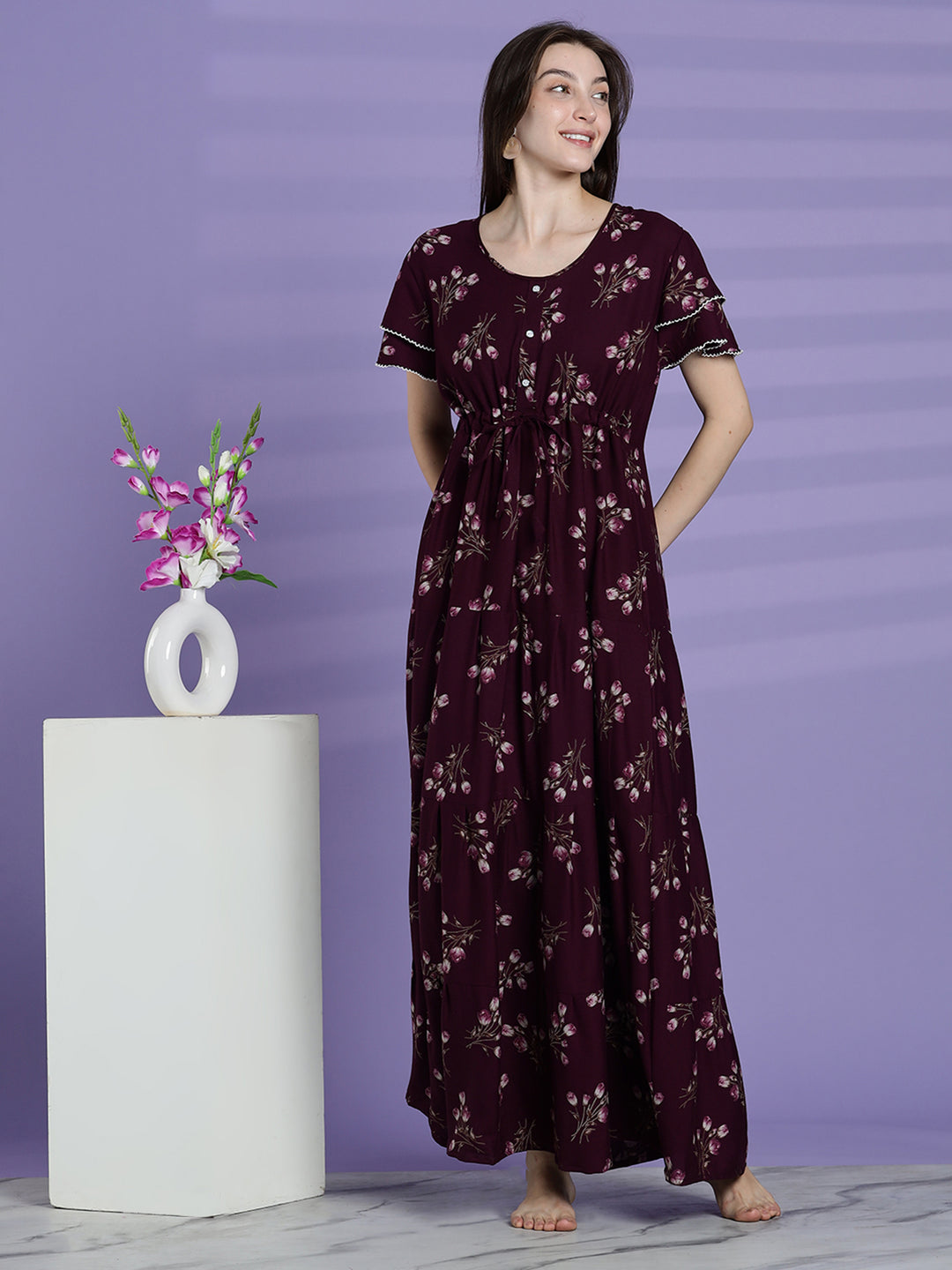 Elegant fit berry wine floral alpine nighty for women