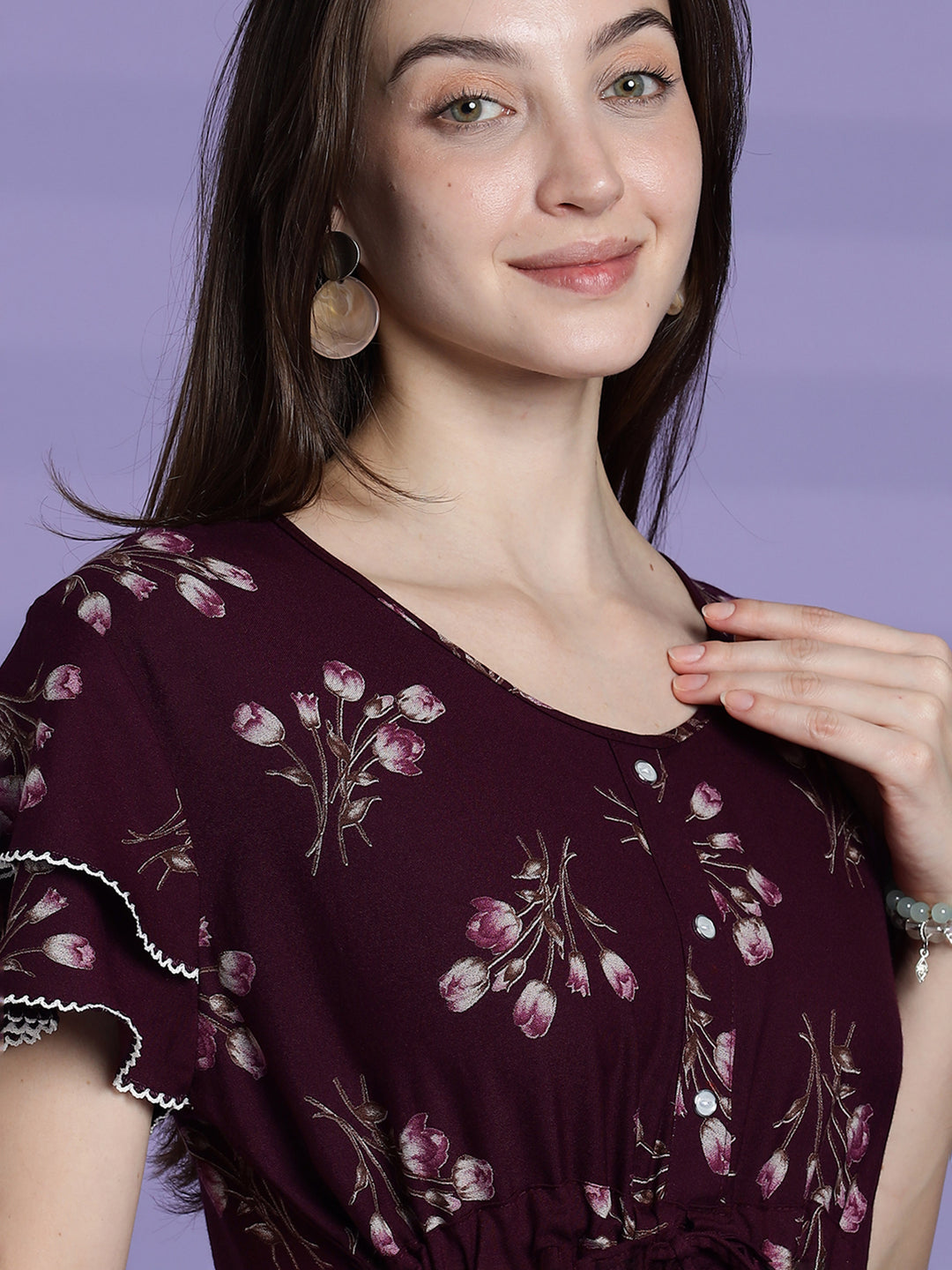 Elegant fit berry wine floral alpine nighty for women