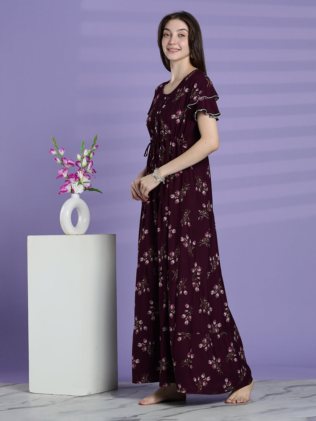 Elegant fit berry wine floral alpine nighty for women