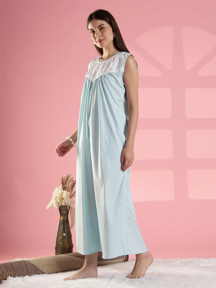Sky blue soft breathable cotton sleeveless nighty dress for women