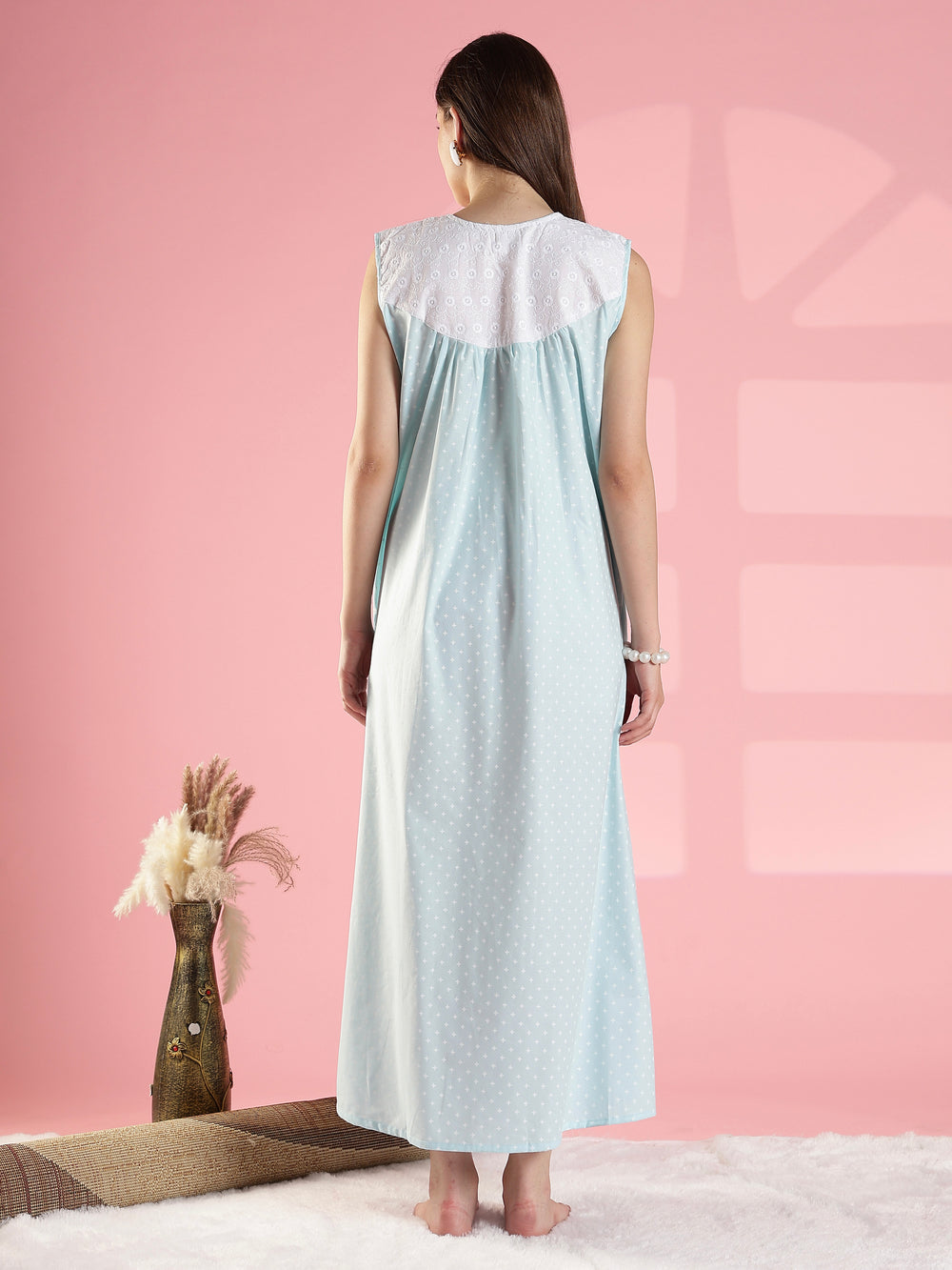 Sky Blue Soft Breathable Fit Cotton Sleeveless Nighty Dress – 9shines label