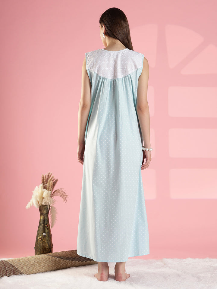 Sky blue soft breathable cotton sleeveless nighty dress for women