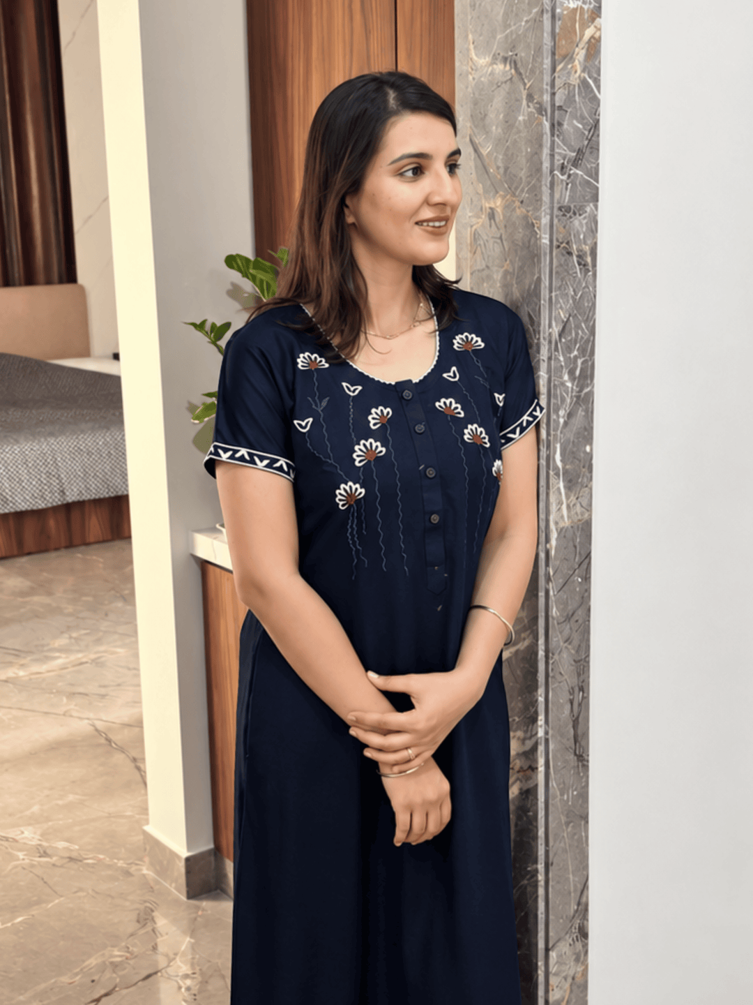 Soft alpine designer nighty for women with front buttons