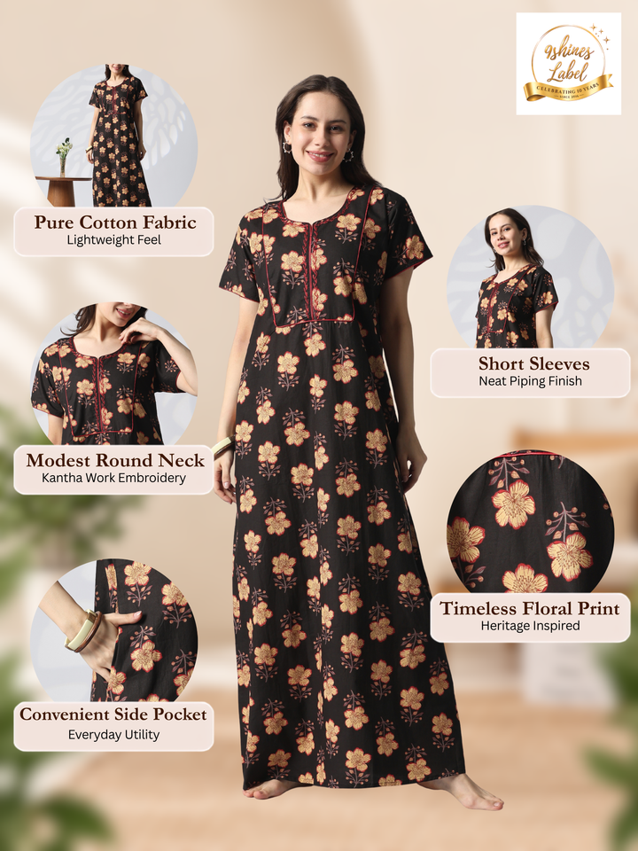 Pure cotton designer nighty for women in mahek black