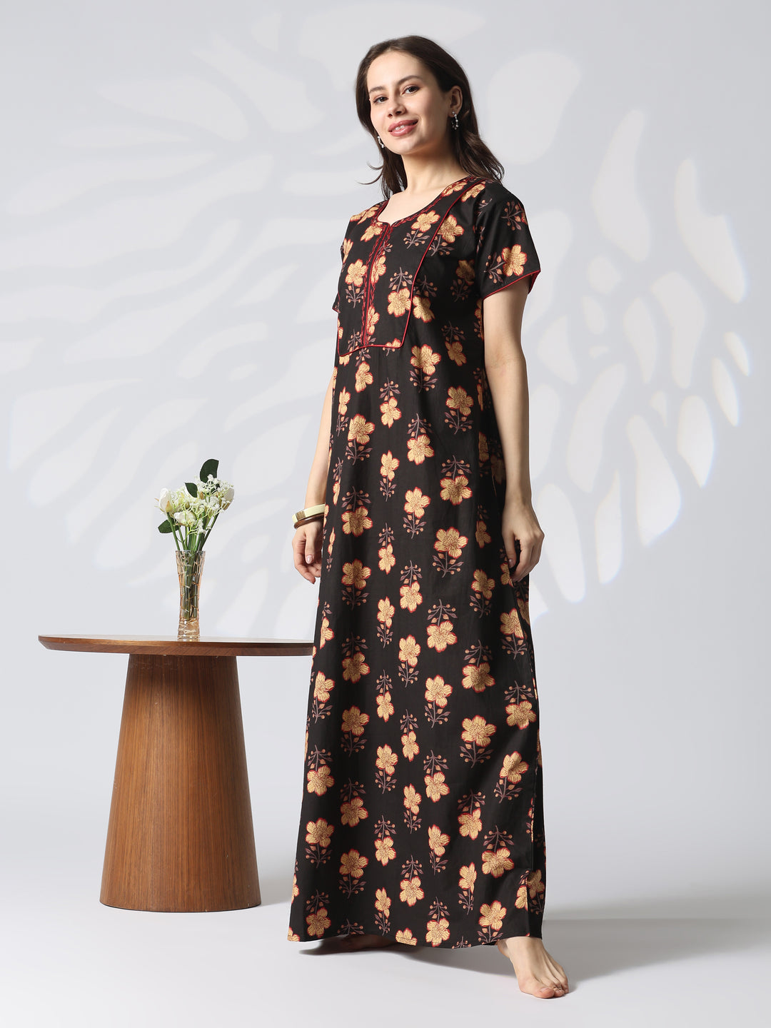 Pure cotton designer nighty for women in mahek black