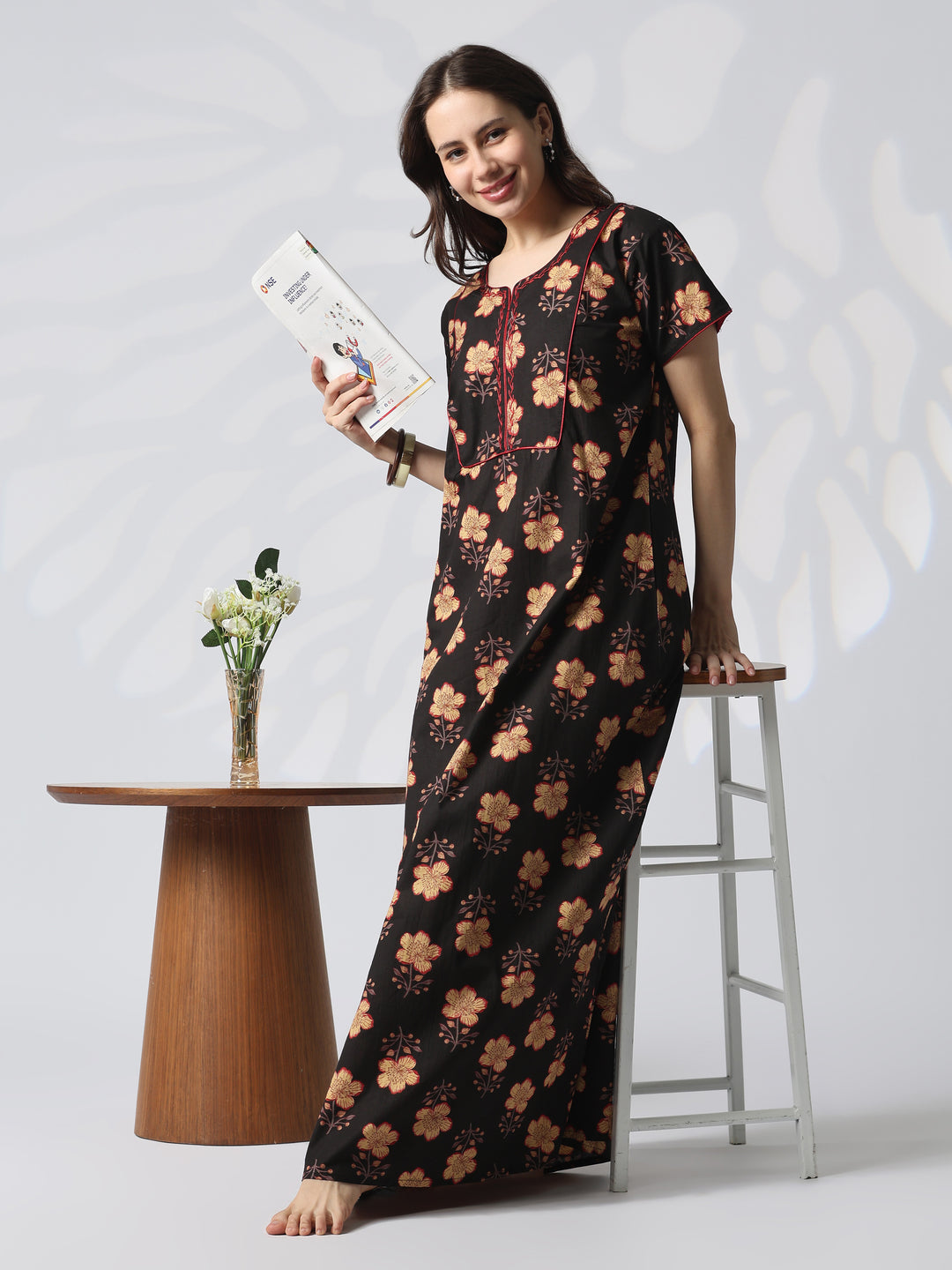 Pure cotton designer nighty for women in mahek black