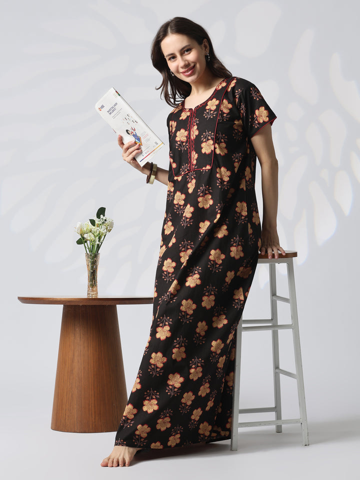 Pure cotton designer nighty for women in mahek black