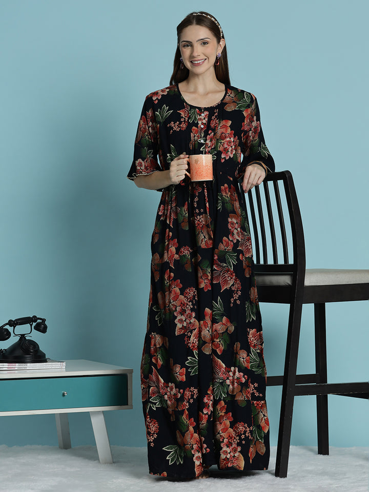 Black frock type nighty for women with floral print In rayon