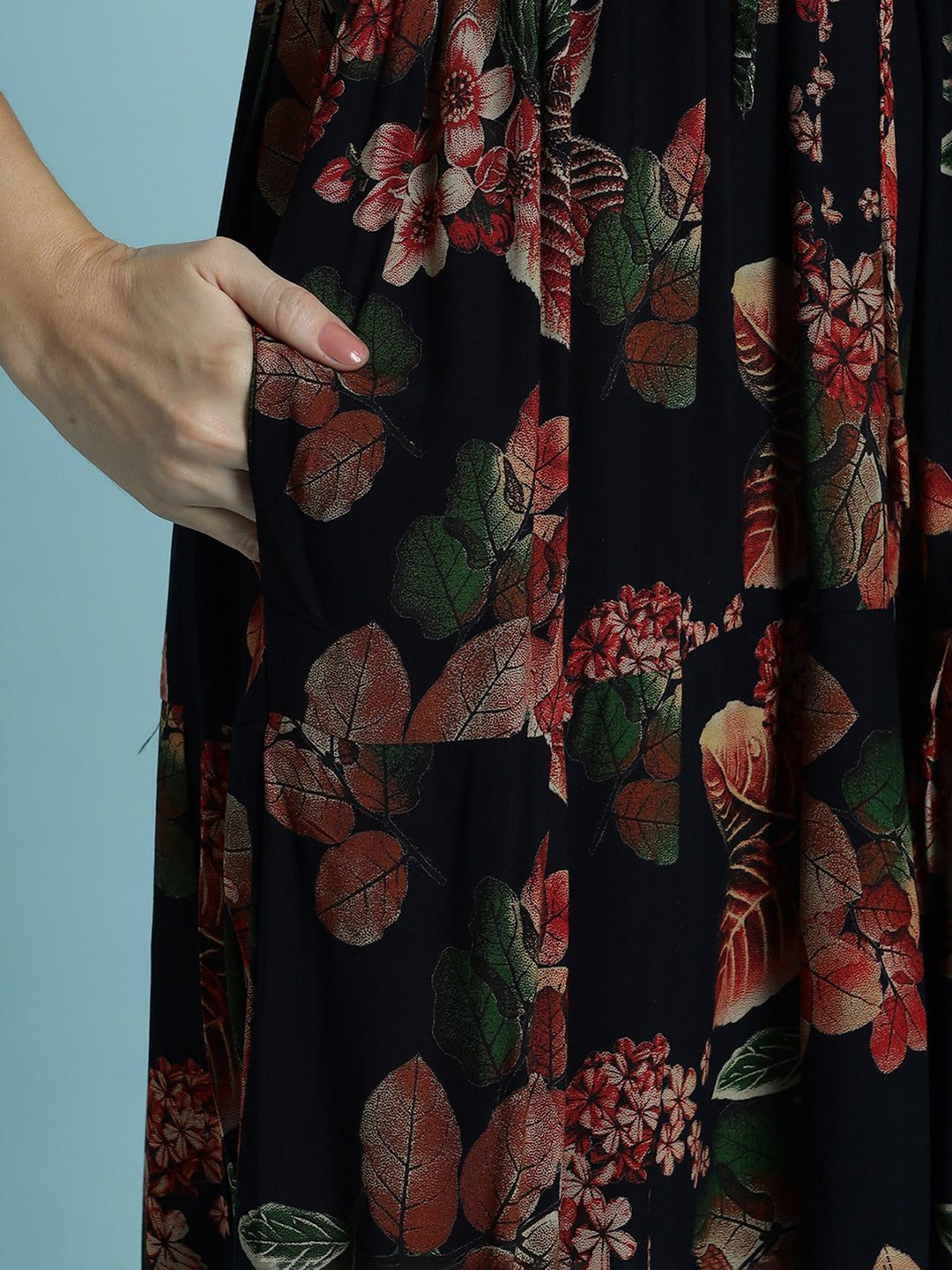 Black frock type nighty for women with floral print In rayon