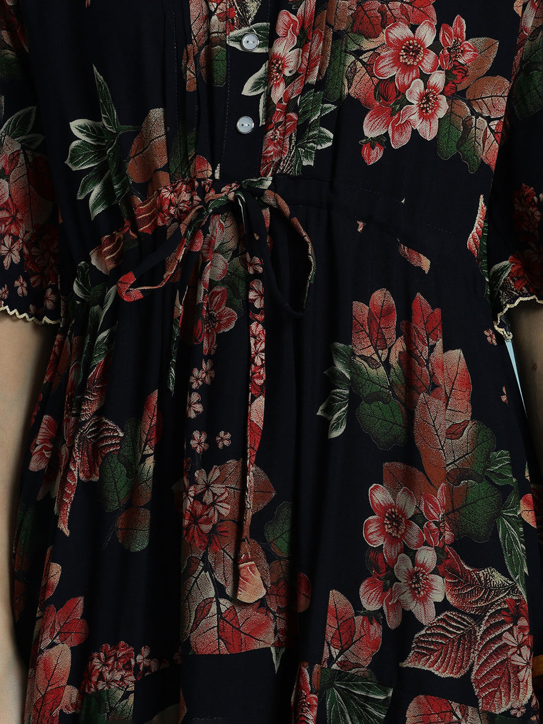 Black frock type nighty for women with floral print In rayon