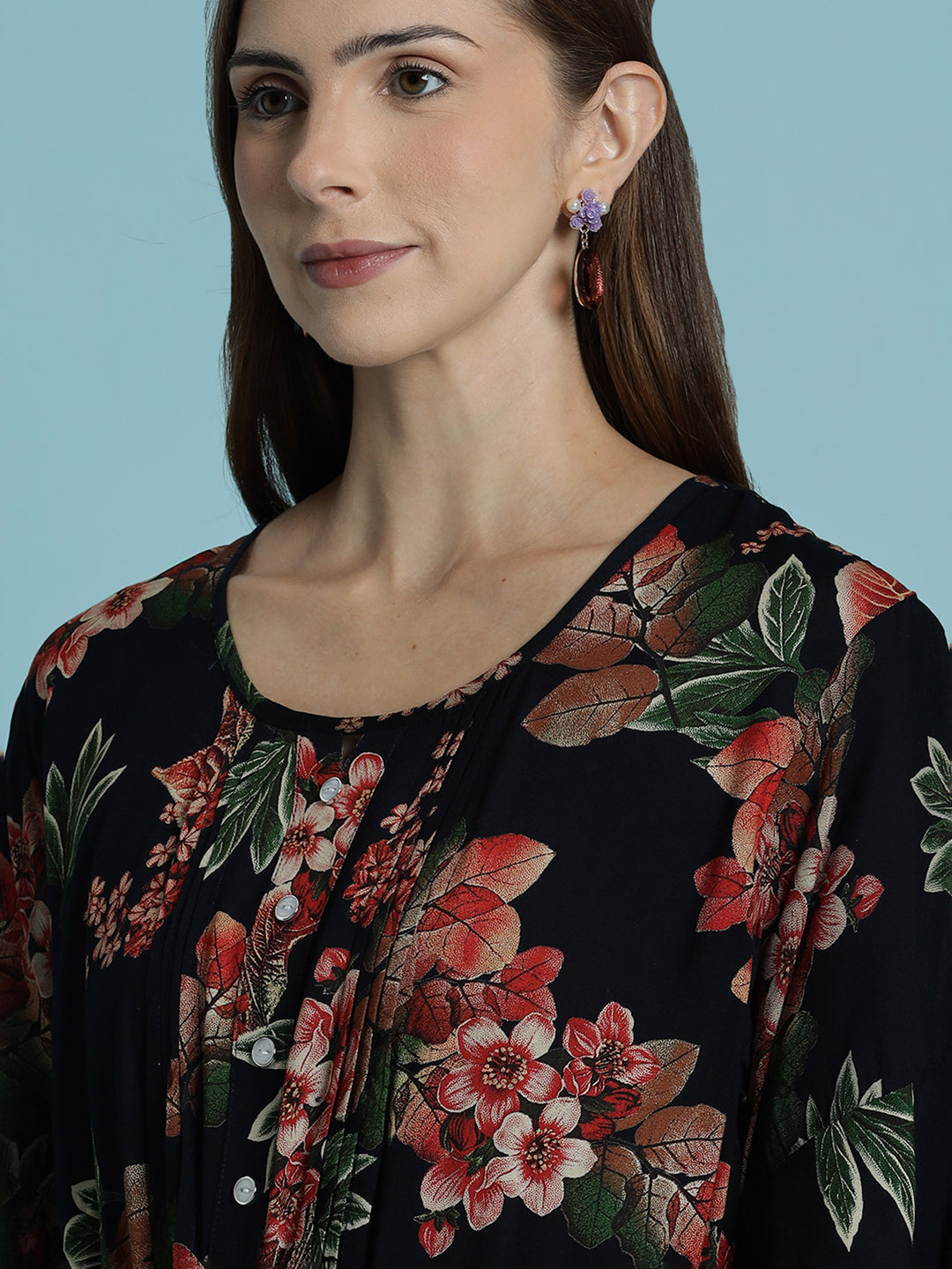 Black frock type nighty for women with floral print In rayon