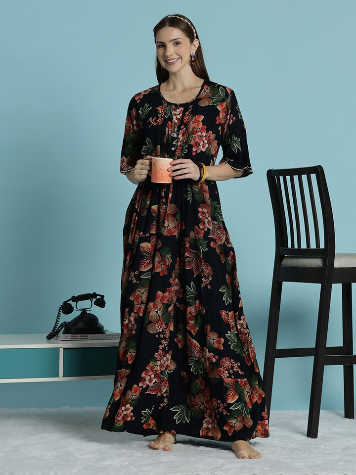 Black frock type nighty for women with floral print In rayon