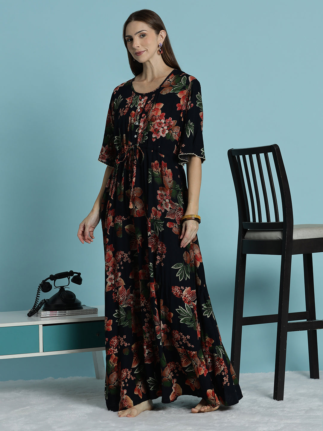 Black frock type nighty for women with floral print In rayon